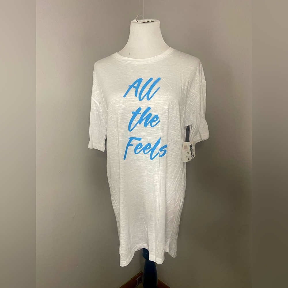 LuLaRoe Patrick T-Shirt NWT “All the Feels” White and Blue L